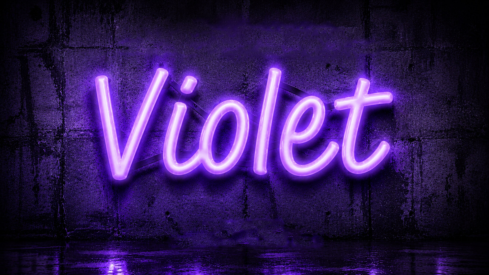 VIOLET title card, neon lettering on a wet concrete wall